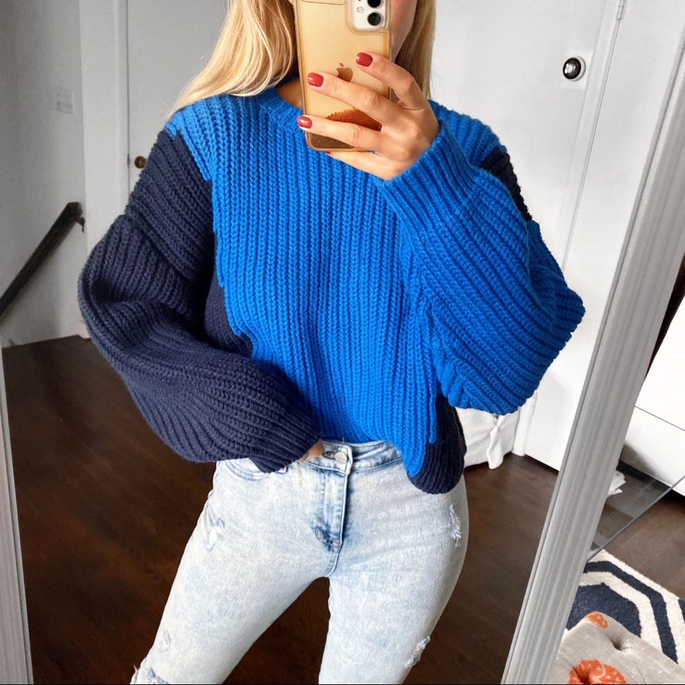 💙 ZARA BLUE NAVY COLOR BLOCK CHUNKY KNIT CROPPED JUMPER! - Picture 3 of 12